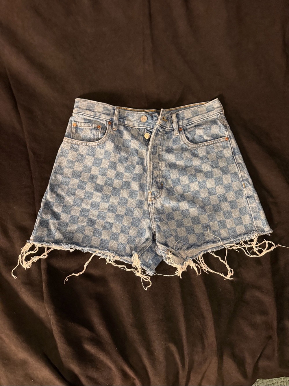 PacSun Light Blue Checked High-Rise Frayed Denim Shorts